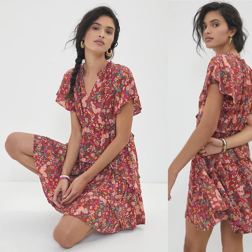 Anthropologie Red Floral Tiered Mini Dress